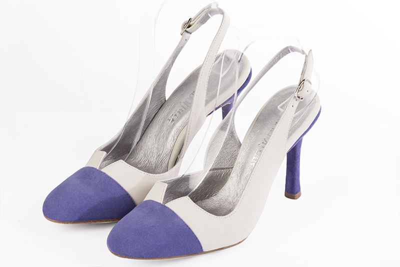 Lavender purple and pure white women's open back shoes, with a knot. Round toe. Very high slim heel. Front view - Florence KOOIJMAN